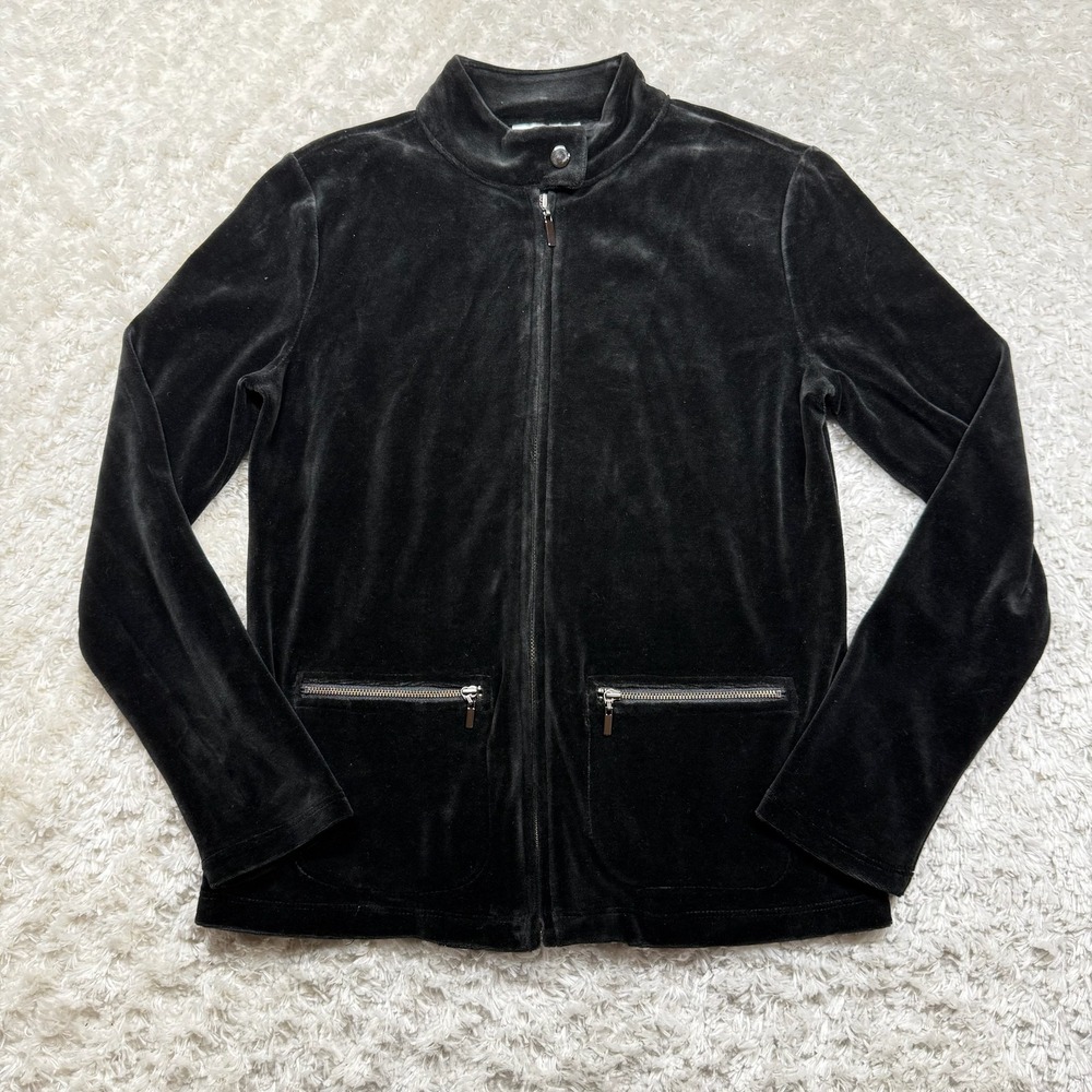 Talbots Jacket Small Petites Black Velour Velvet Full Zip Pockets Emo Goth Punk